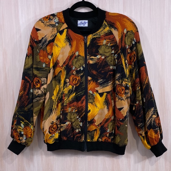 Alluffe 80s vintage retro jacket with orange, yellow, and green floral print - Picture 1 of 9